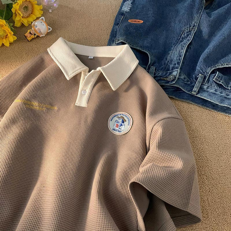 Retro Waffle Knit Embroidered Logo Polo Collar Short Sleeve T-Shirt