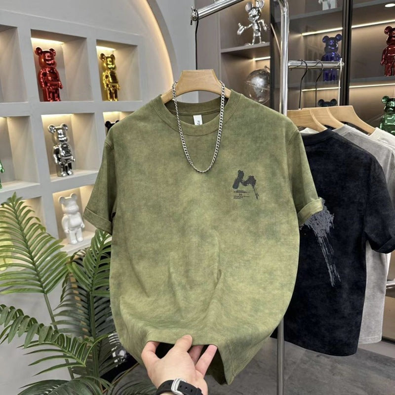 Fashion Sense Tie-Dye Letter Print Short Sleeve T-Shirt for Men Summer Casual Basic Tee Top