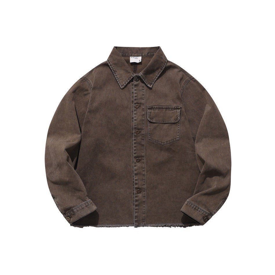 Washed Hem Loose Casual Long Sleeve Shirt Pure Cotton Workwear Jacket Men