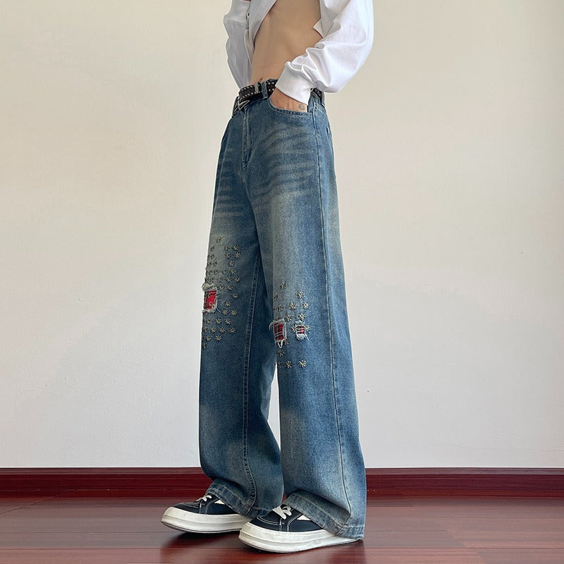 Vintage Patch Embroidery Ripped Jeans Men Women High Street Washed Distressed Straight Leg Wide Leg Long Pants Trendy