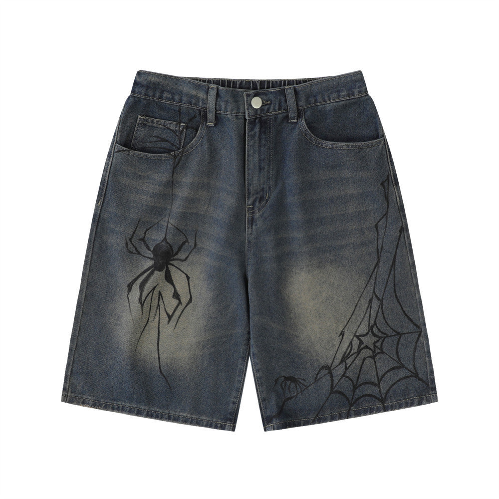 Unique Spider Print Denim Shorts for Men Loose Fit Casual Washed Faded Five-Point Pants American Retro Style