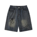 Unique Spider Print Denim Shorts for Men Loose Fit Casual Washed Faded Five-Point Pants American Retro Style