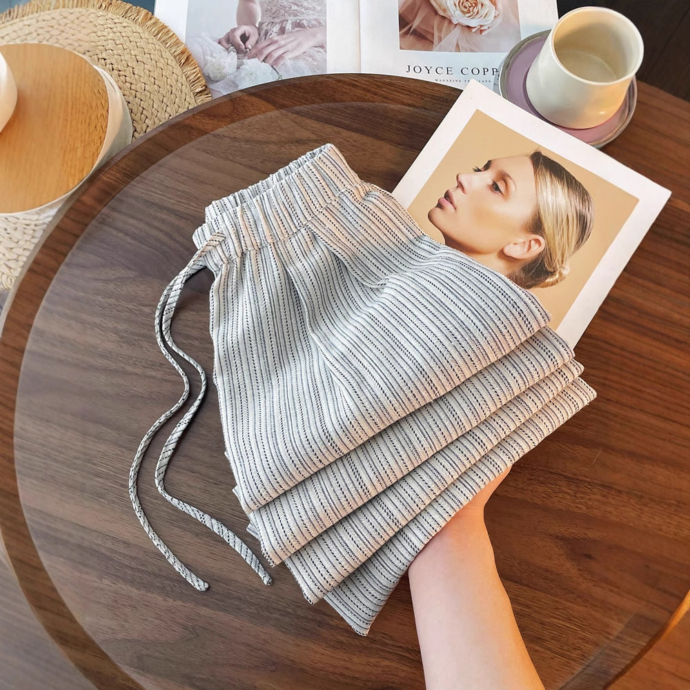 Striped Linen-Cotton Casual Pants, Elastic Waist with Drawstring, Loose Wide-Leg, Slim Straight Leg Long Pants, Lightweight Summer Women's Pants