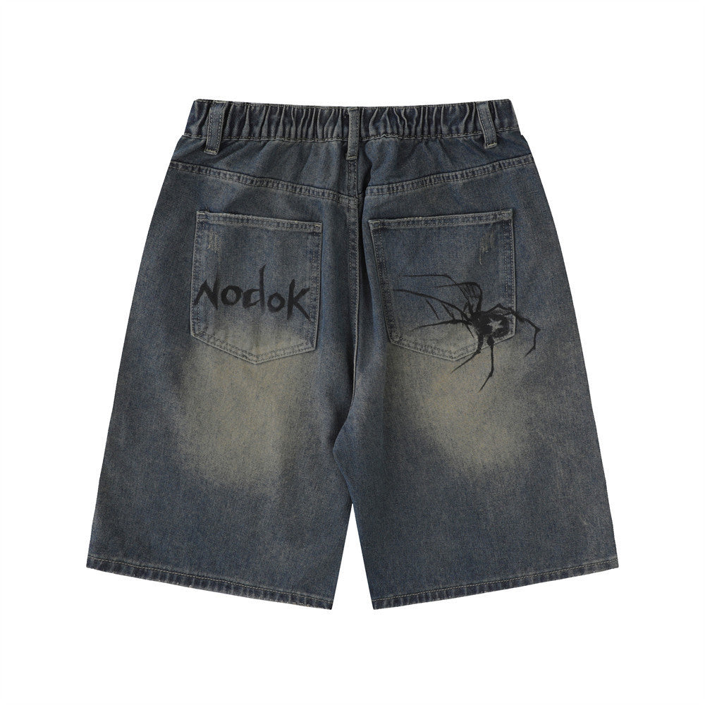Unique Spider Print Denim Shorts for Men Loose Fit Casual Washed Faded Five-Point Pants American Retro Style