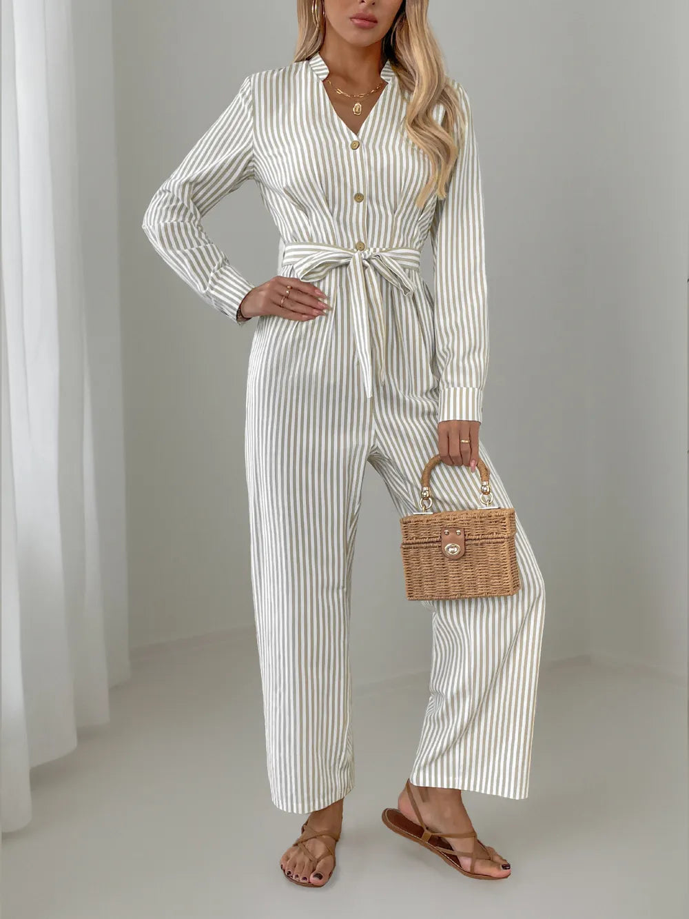 V-neck jumpsuit commuting style striped tie jumpsuit