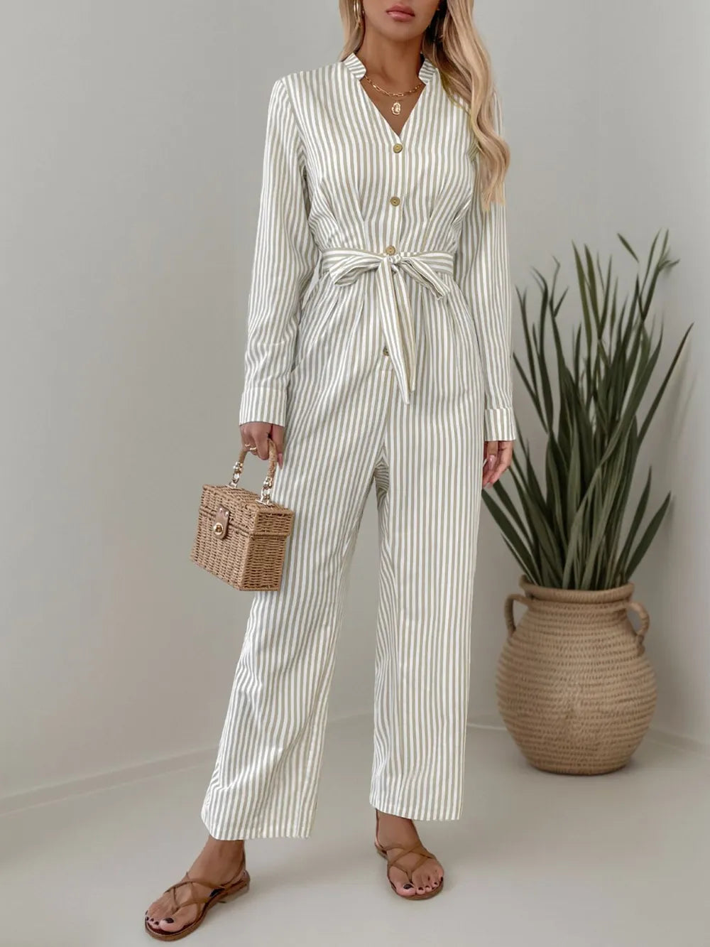 V-neck jumpsuit commuting style striped tie jumpsuit