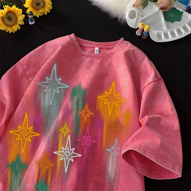 Drop Shipping Graffiti Star Short Sleeve T-Shirt for Men and WomenMillennium StyleCasual Couple Tee Trendy Brand