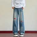 Vintage Patch Embroidery Ripped Jeans Men Women High Street Washed Distressed Straight Leg Wide Leg Long Pants Trendy