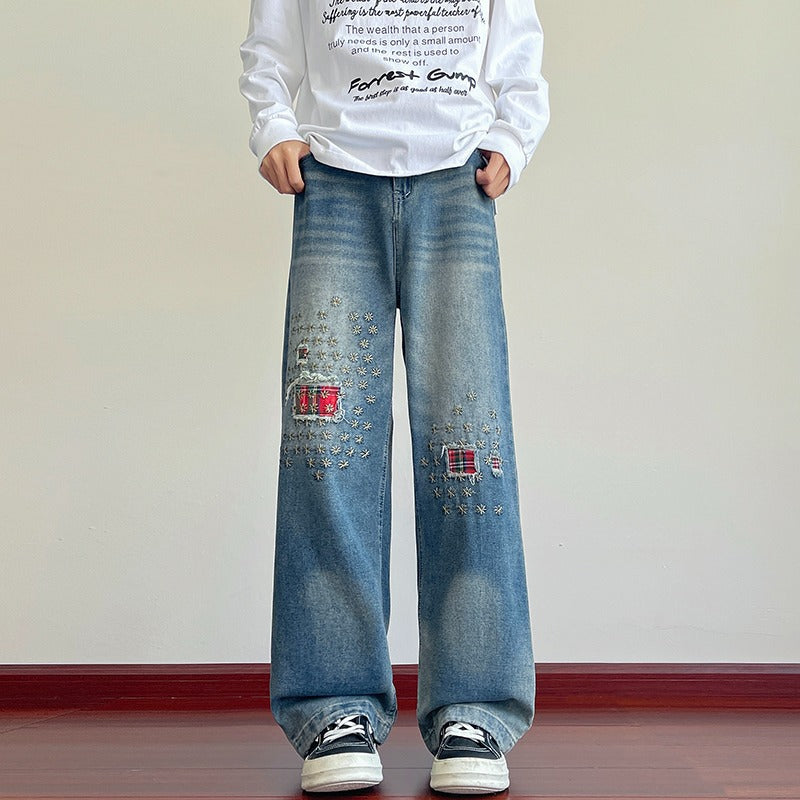 Vintage Patch Embroidery Ripped Jeans Men Women High Street Washed Distressed Straight Leg Wide Leg Long Pants Trendy