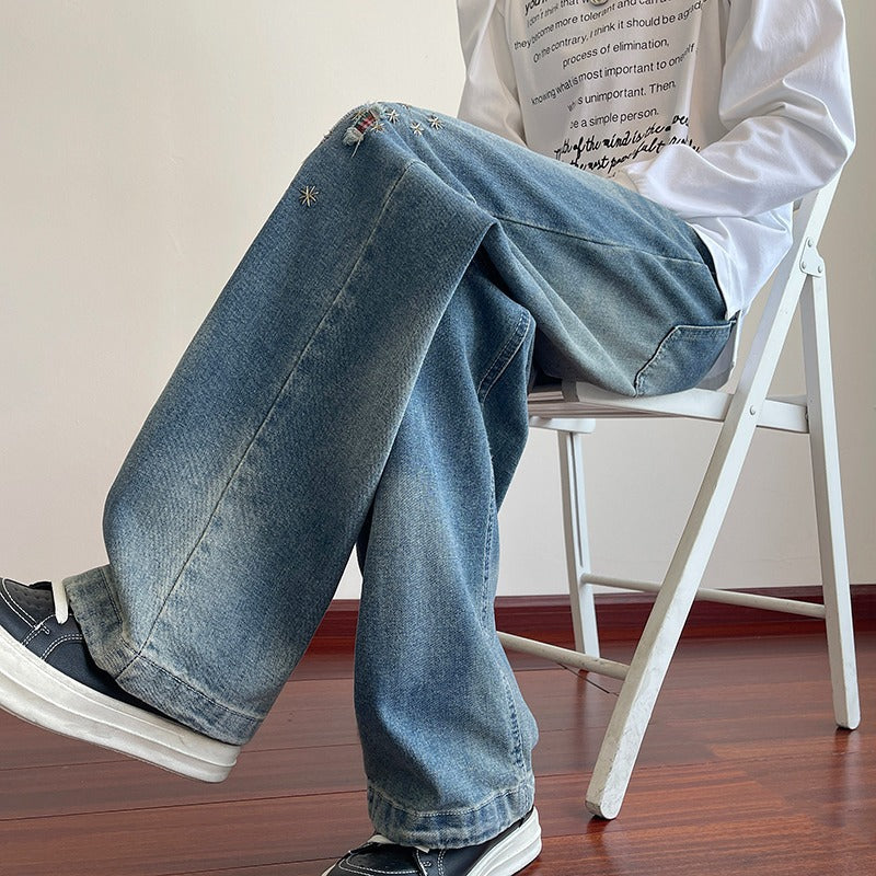 Vintage Patch Embroidery Ripped Jeans Men Women High Street Washed Distressed Straight Leg Wide Leg Long Pants Trendy