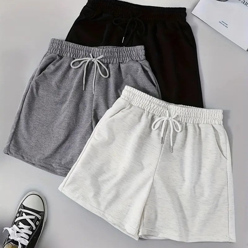 Summer Solid Color Casual Pocket Shorts with Drawstring Elastic Waistband