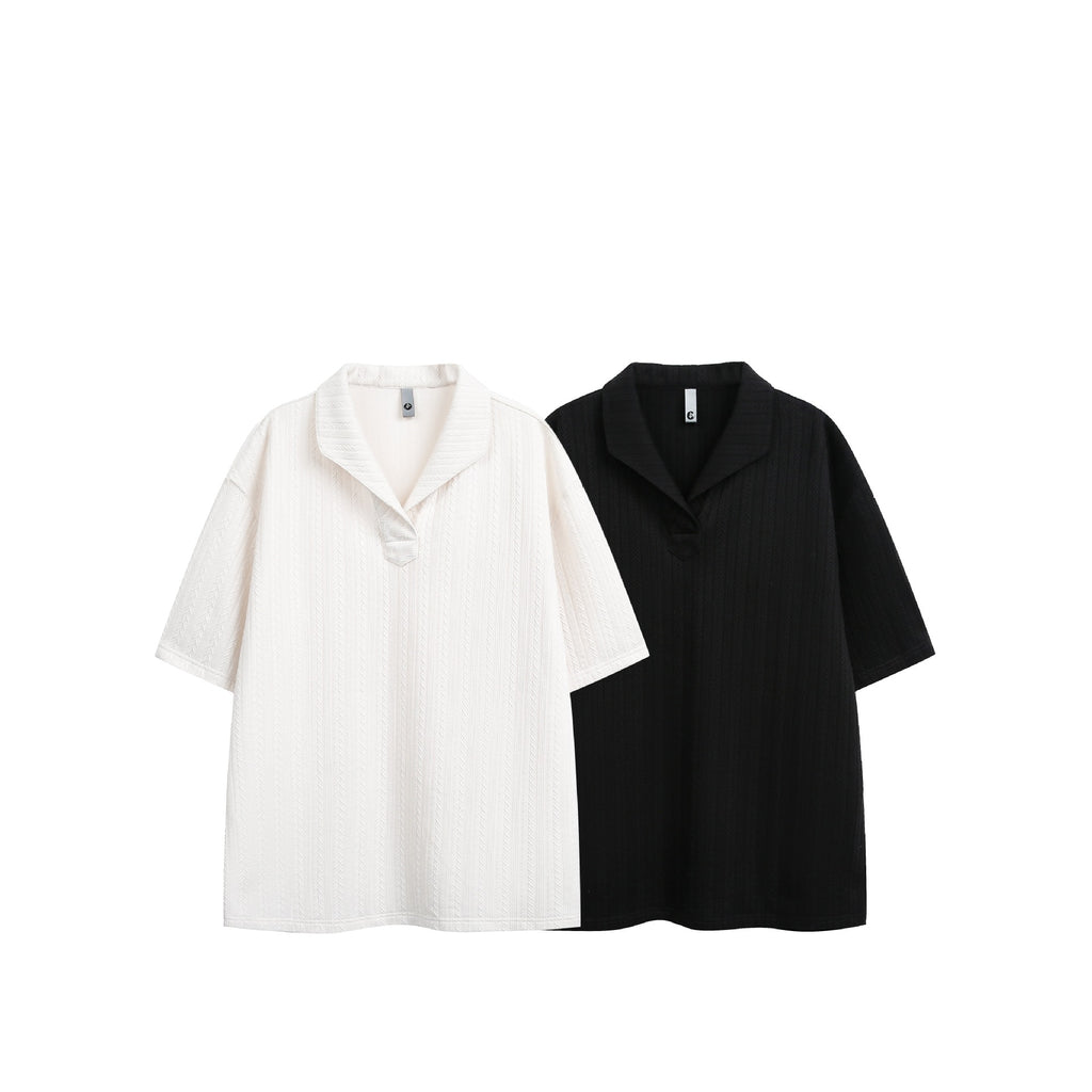 Solid Color Textured Loose Fit Short Sleeve Polo Shirt for Men and Women