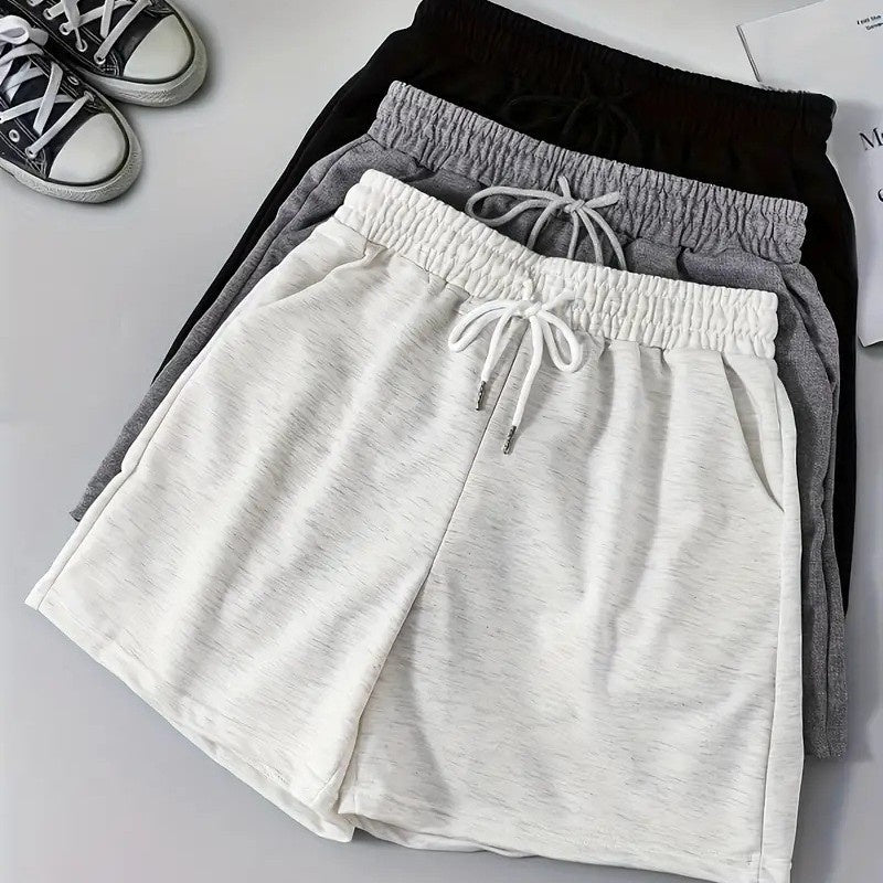 Summer Solid Color Casual Pocket Shorts with Drawstring Elastic Waistband