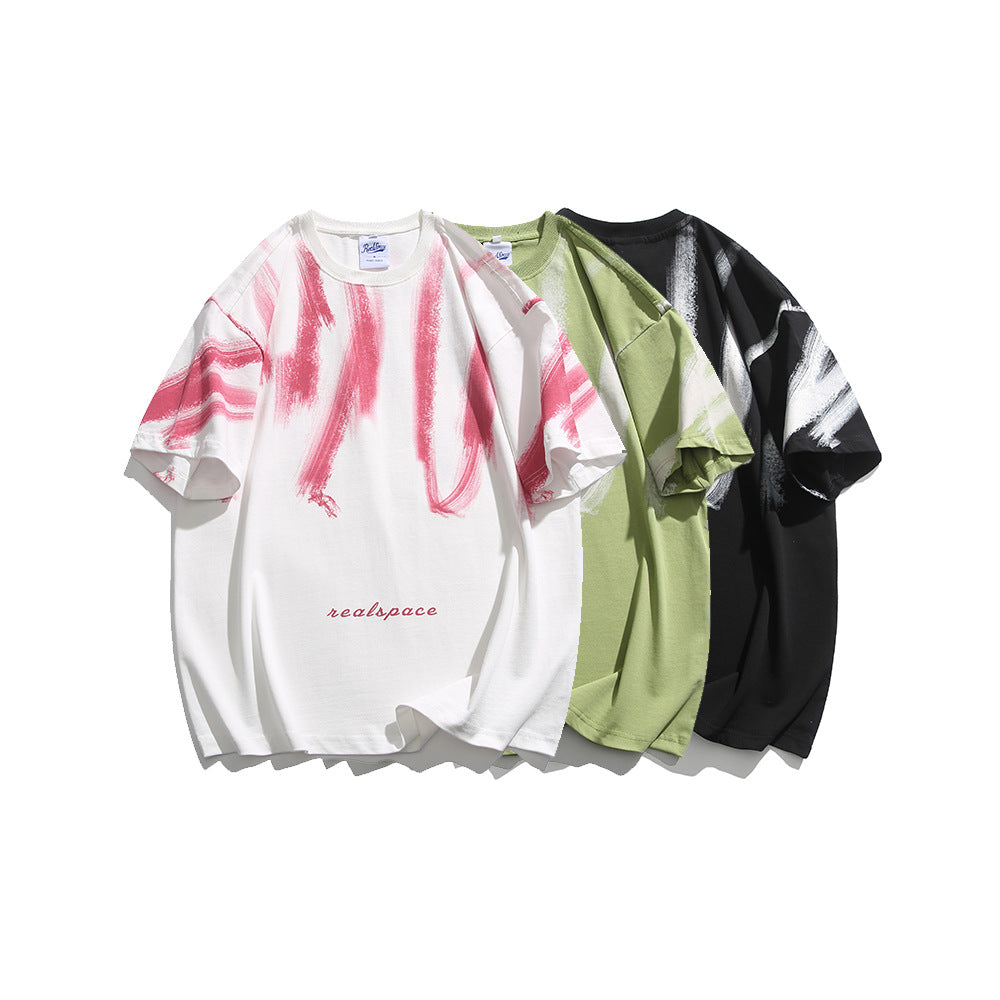 Color blocking street tie dye letter printed T-shirt for men and women