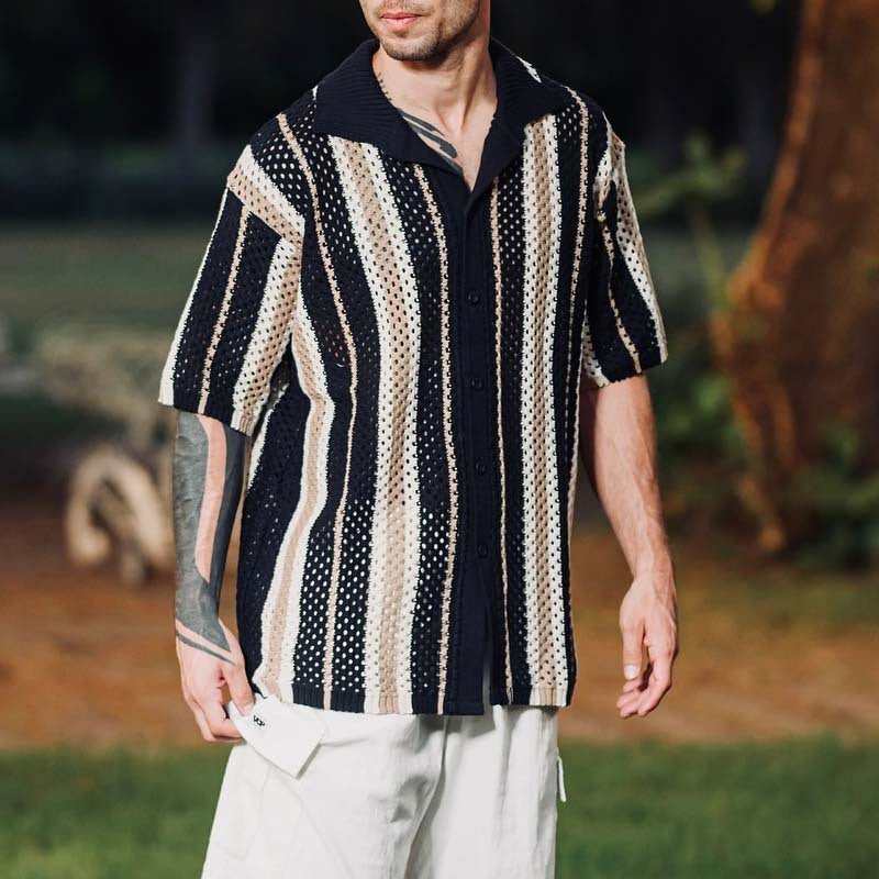 Casual Knitted Spliced Stripe Grid Shirt for Men, Lightweight Business Style