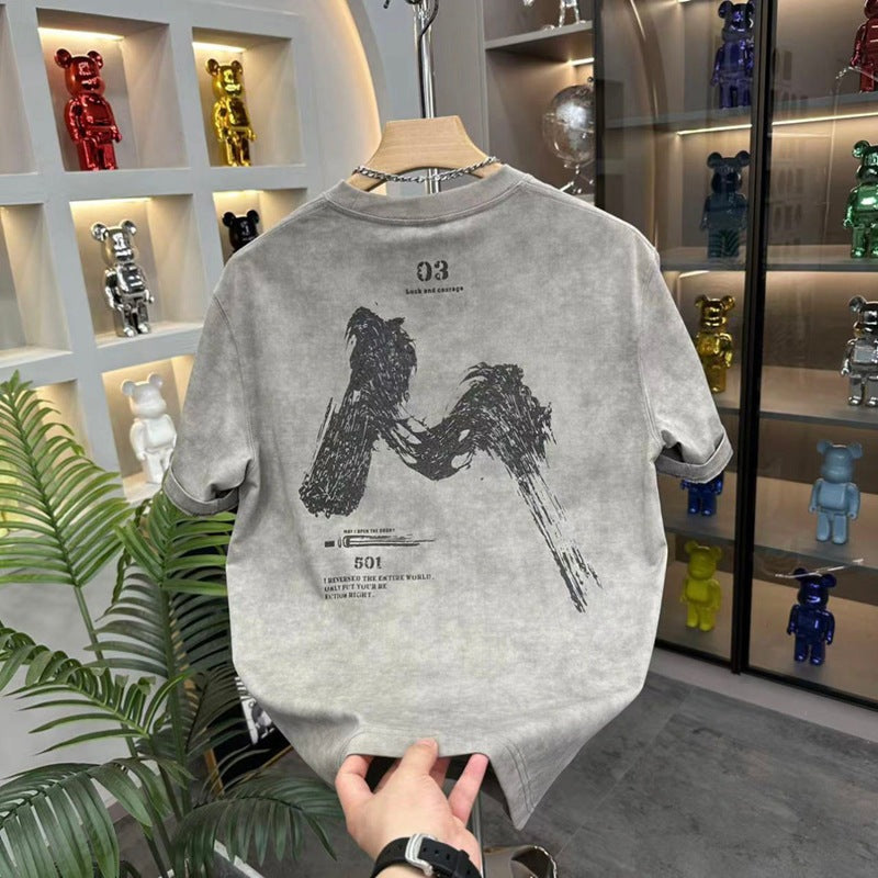 Fashion Sense Tie-Dye Letter Print Short Sleeve T-Shirt for Men Summer Casual Basic Tee Top