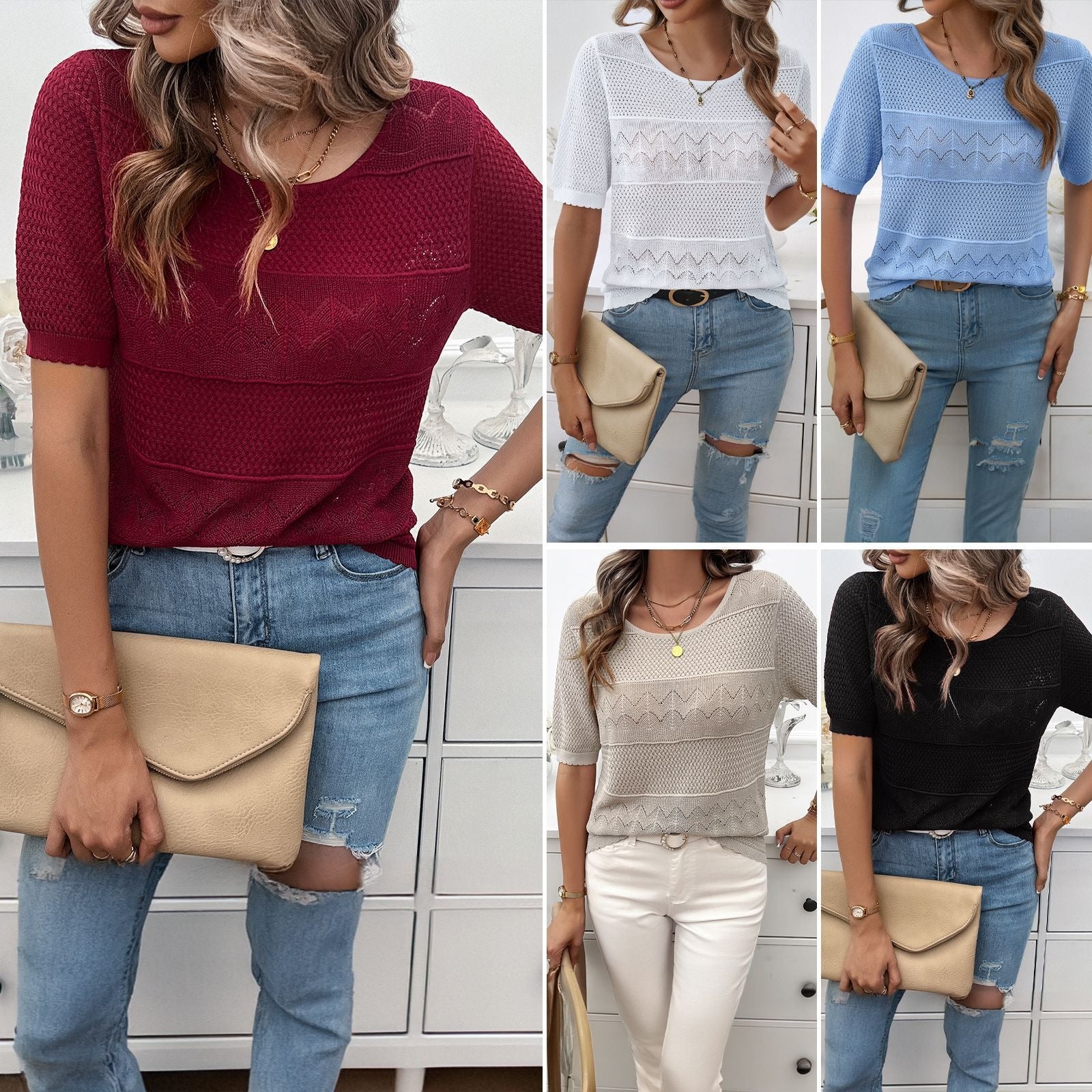 Spring/Summer Women's Style Round Neck Hollow Short Sweater