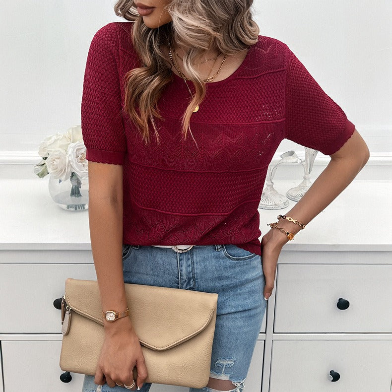 Spring/Summer Women's Style Round Neck Hollow Short Sweater
