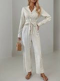 V-neck jumpsuit commuting style striped tie jumpsuit