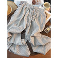Striped Linen-Cotton Casual Pants, Elastic Waist with Drawstring, Loose Wide-Leg, Slim Straight Leg Long Pants, Lightweight Summer Women's Pants