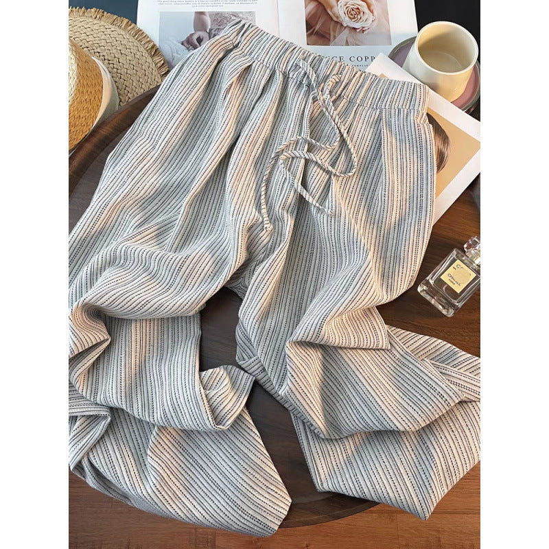 Striped Linen-Cotton Casual Pants, Elastic Waist with Drawstring, Loose Wide-Leg, Slim Straight Leg Long Pants, Lightweight Summer Women's Pants
