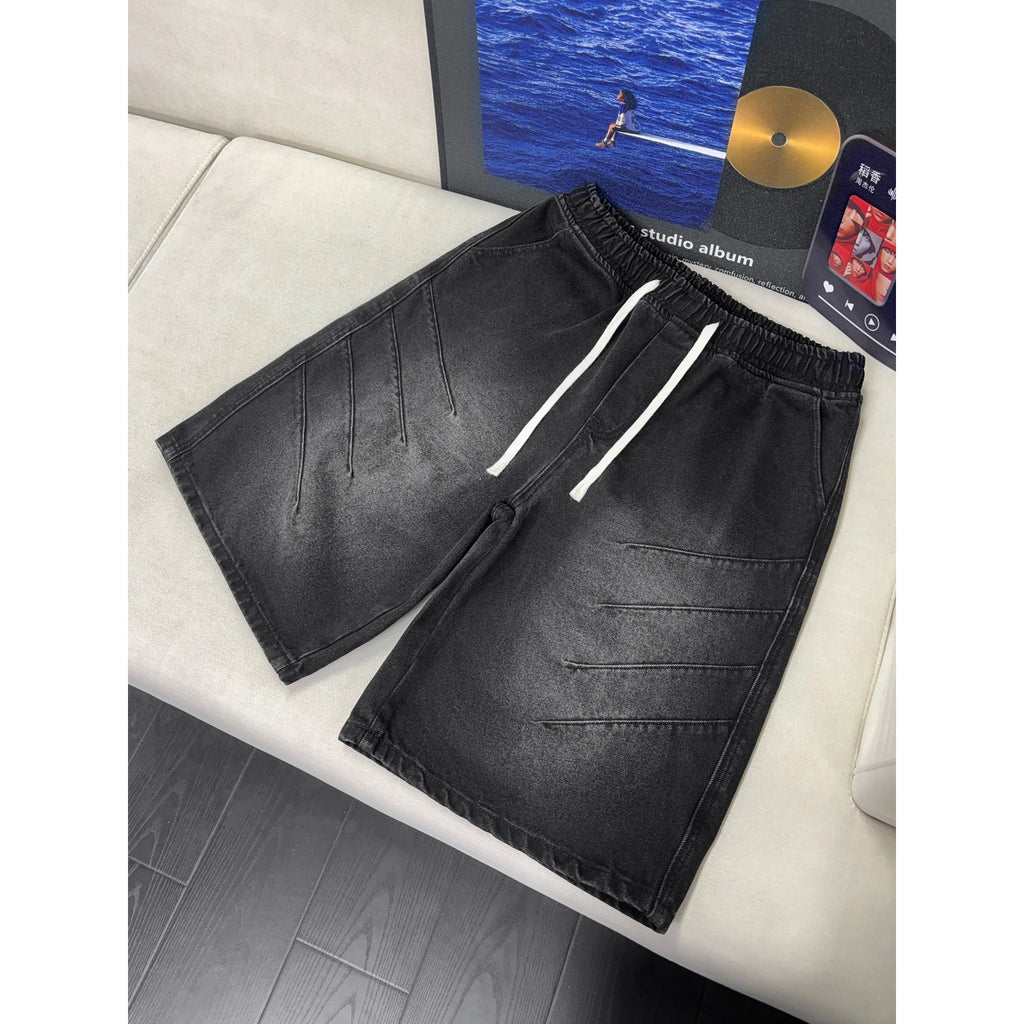 Vintage Pleated Denim Shorts Men Washed Vibe Pants