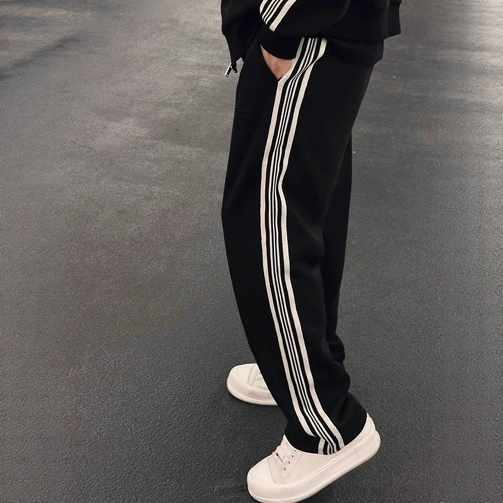 High-end Casual Sportswear Set for Men Striped Open Front Jacket with Fleece Lining Fashionable Autumn and Winter Outwear