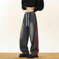 Side Stripe Webbing Denim Pants Men Vintage Washed Oversized Loose Straight Leg Pants