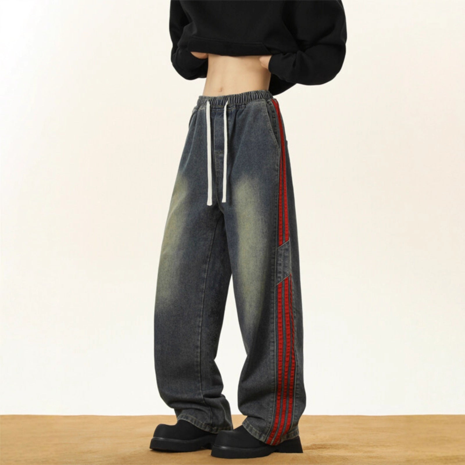 Side Stripe Webbing Denim Pants Men Vintage Washed Oversized Loose Straight Leg Pants