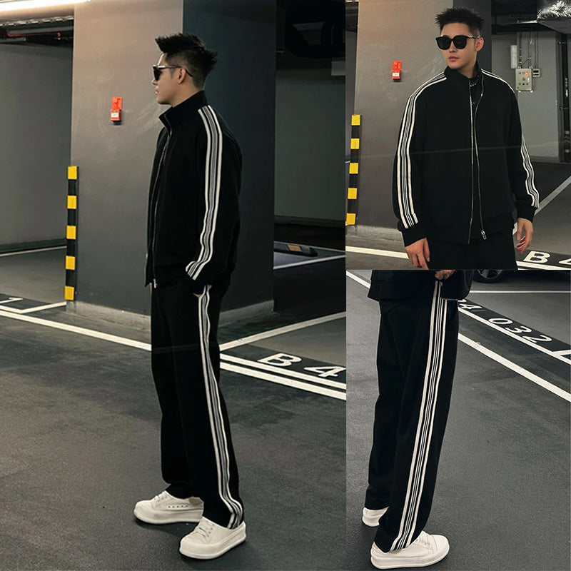 High-end Casual Sportswear Set for Men Striped Open Front Jacket with Fleece Lining Fashionable Autumn and Winter Outwear