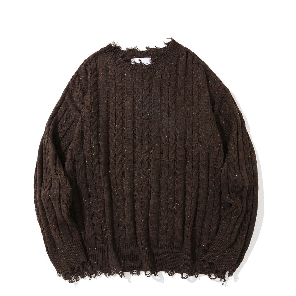 Solid Color Jacquard Cable Knitwear Men's High Street Lazy Style Loose Round Neck Sweater Streetwear Crewneck Pullover