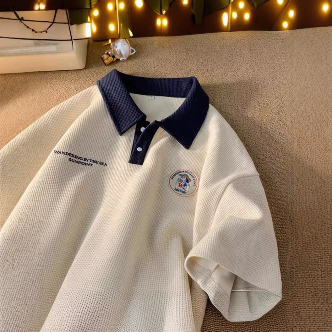 Retro Waffle Knit Embroidered Logo Polo Collar Short Sleeve T-Shirt