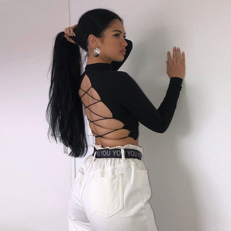 Women Sexy Harajuku Open Back T-shirt Long Sleeve Top Cropped Summer Tops White clothes shirt vintage tshirt tee