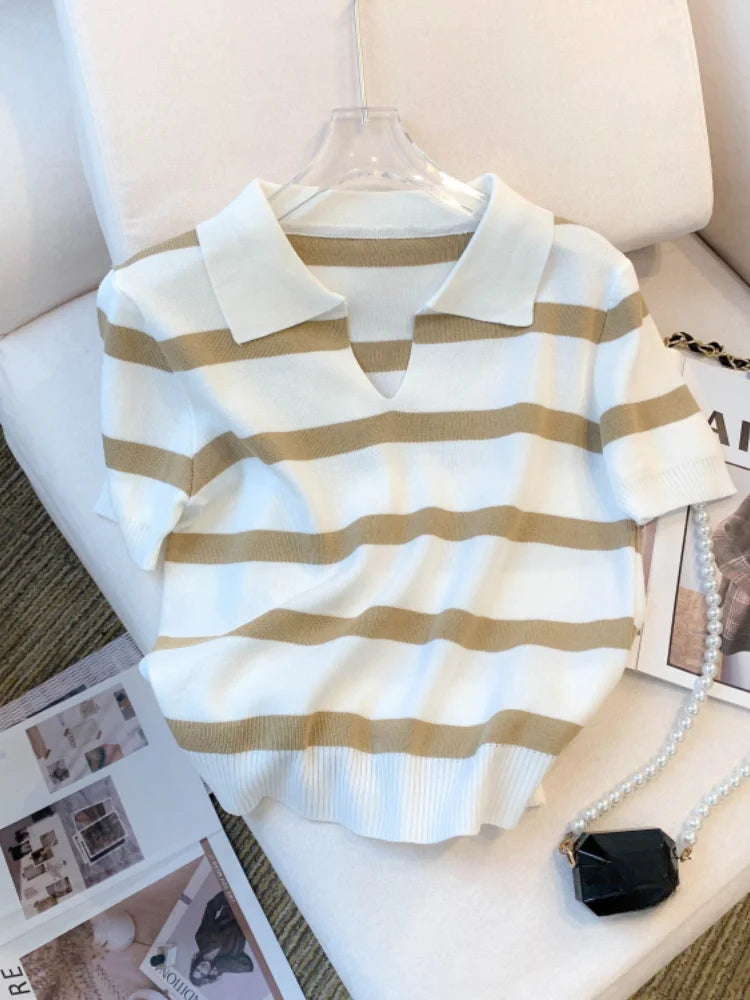 New Striped Pattern Collared Sweater Versatile Short Sleeve Knitted Top For Spring & Summer Women's Clothing Crop Top