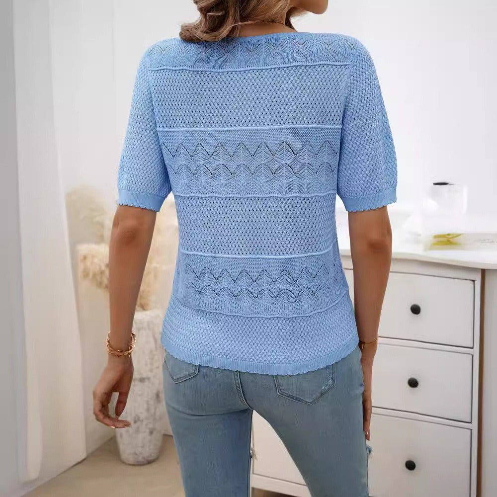 Spring/Summer Women's Style Round Neck Hollow Short Sweater