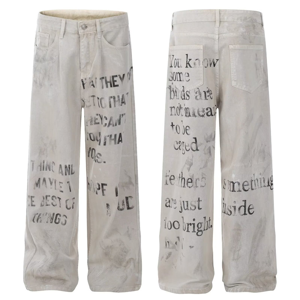 American Retro Distressed Slogan Letter Printed Jeans