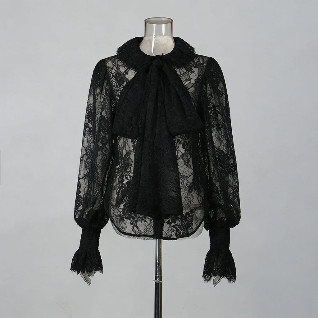 Lantern Sleeve Bow Tie Lace Embroidered Shirt