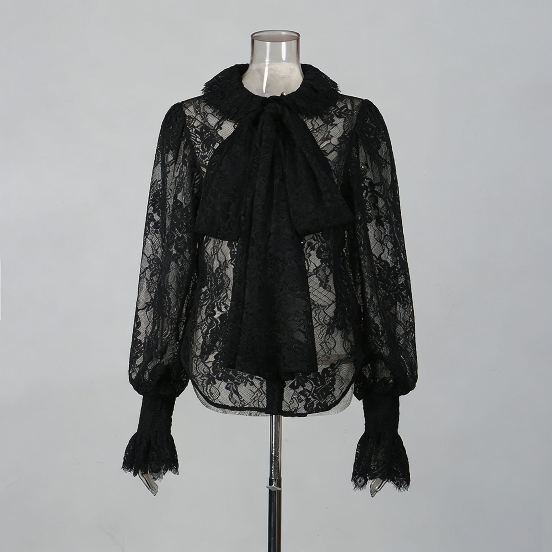 Lantern Sleeve Bow Tie Lace Embroidered Shirt