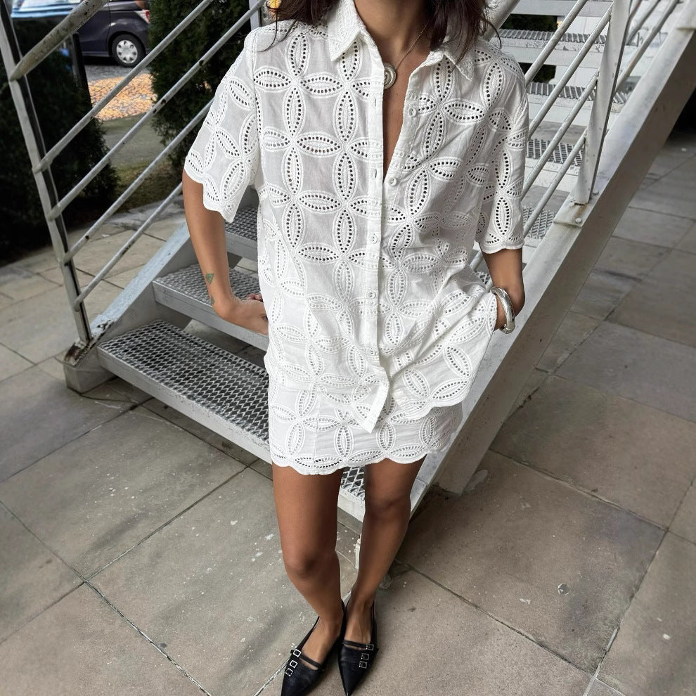 Womens White Short-Sleeve Shirt Lace Skirt Set For Women