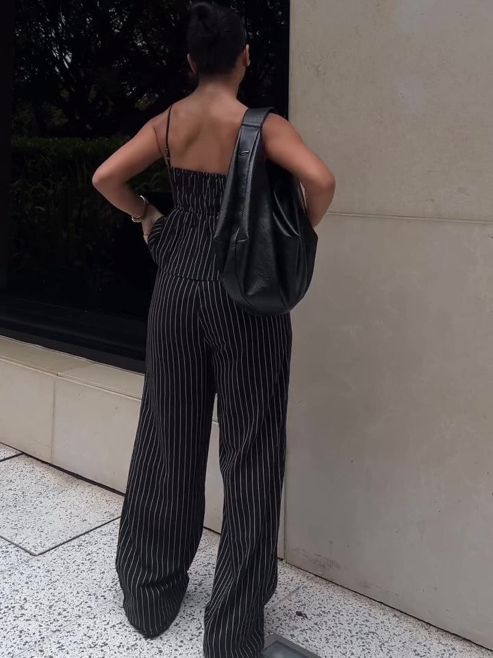 Striped Suspender Ruffle High-waisted Wide-leg Pants Suit